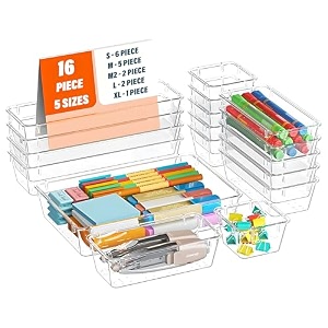 kuber industries storage organizer set  kitchen organizer  makeup organizer tray set  desk drawer divider tray  multi-purpose organizer set  stationery organizer  16 piece set  transparent