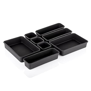 kuber industries acrylic storage organizer set  kitchen organizer  makeup organizer tray set  desk drawer divider tray  multi-purpose stationery organizer with interlock  8 piece set  black