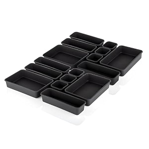 kuber industries acrylic storage organizer set  kitchen organizer  makeup organizer tray set  desk drawer divider tray  multi-purpose stationery organizer with interlock  16 piece set  black