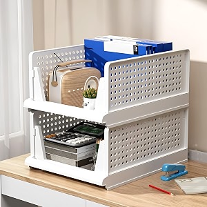 kuber industries plastic storage organizerwardrobe organizer for clothescupboard organizerfoldable shirt stacker boxcloth box for almirahcloset storage basketlarge2 piece setwhite 44x34x19 cm