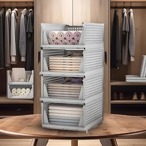 kuber industries storage organizer  wardrobe organizer for clothes  cupboard organizer  foldable shirt stacker box  cloth box for almirah  closet storage basket  large  pack of 4  gray