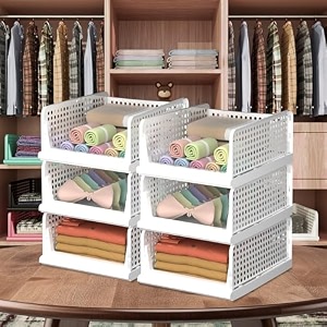 kuber industries plastic storage organizerwardrobe organizer for clothescupboard organizerfoldable shirt stacker boxcloth box for almirahcloset storage basketlargepack of 6white 44x 34x 19 cm
