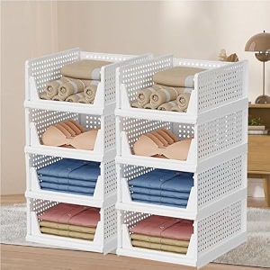 kuber industries pack of 8 foldable cupboard organizer for clothes - stackable closet organizer for wardrobe - for shirt  t shirt  jeans - plastic cupboard dress racks for clothes storage white