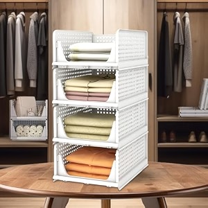 kuber industries storage organizer  wardrobe organizer for clothes  cupboard organizer  foldable shirt stacker box  cloth box for almirah  closet storage basket  large  pack of 4  white