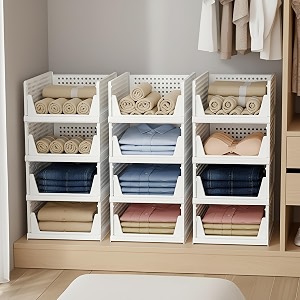 kuber industries plastic storage organizerwardrobe organizer for clothescupboard organizerfoldable shirt stacker boxcloth box for almirahcloset storage basketlargepack of 12white 44x34x19 cm
