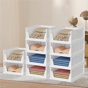 kuber industries plastic storage organizerwardrobe organizer for clothescupboard organizerfoldable shirt stacker boxcloth box for almirahcloset storage basketlarge2 piece setwhite 44x34x19 cm
