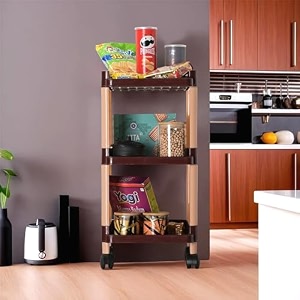 kuber industries storage rack with wheels  3-layer storage organizer rack  multipurpose storage trolley rack for kitchen-home-office  revolving vegetable storage trolley  brown