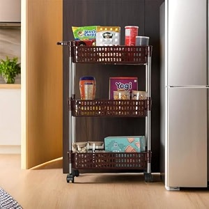 kuber industries storage rack with wheels  3-layer storage organizer rack  multipurpose storage trolley rack for kitchen-home-office  revolving vegetable storage trolley  brown
