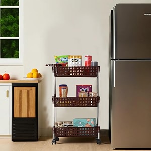 kuber industries storage rack with wheels  3-shelf storage organizer rack  multipurpose storage trolley rack for kitchen-home-office  revolving vegetable storage trolley  brown
