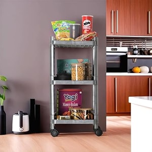 kuber industries storage rack with wheels  3-layer storage organizer rack  multipurpose storage trolley rack for kitchen-home-office  revolving vegetable storage trolley  brown