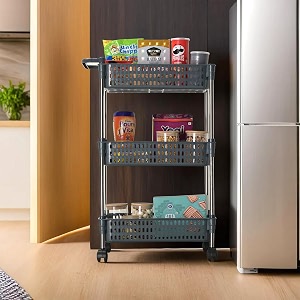 kuber industries storage rack with wheels  3-layer storage organizer rack  multipurpose storage trolley rack for kitchen-home-office  revolving vegetable storage trolley  grey