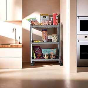 kuber industries storage rack with wheels  3-layer storage organizer rack  multipurpose storage trolley rack for kitchen-home-office  revolving vegetable storage trolley  brown