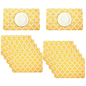 kuber industries table mats set of 12 - waterproof dining table mats  dinner table mat for kitchen  pvc anti slip food mats amp table mats  hexagon-design - yellow