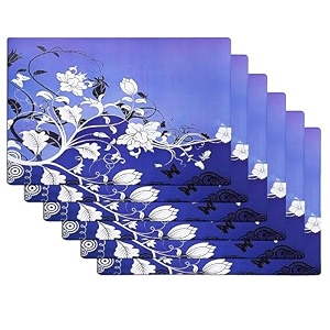 kuber industries table mats set of 6  dining table plate mat  pvc table placemats  kitchen table mat  heat resistant dinner mat  flower print  blue