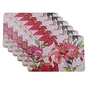 kuber industries table mats set of 6  dining table plate mat  pvc table placemats  kitchen table mat  heat resistant dinner mat  barik flower print  pink