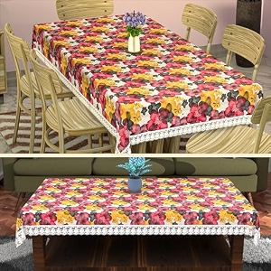 kuber industries pvc 60x90 inch 6 seater table cover cloth  dining table coversheet for party and events  flower circle print - grey
