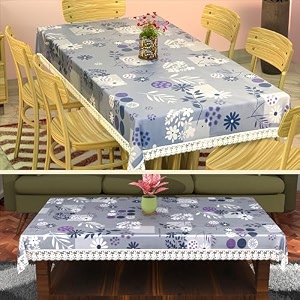 kuber industries pvc 60x90 inch 6 seater table cover cloth  dining table coversheet for party and events  flower circle print - grey
