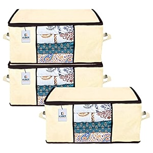 kuber industries underbed storage bagorganizer for clothes largenon-woven comforter blanket covertransparent window amp premium zipperside handlespack of 3 cream
