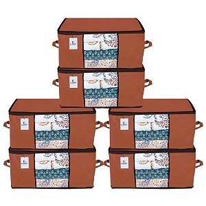 kuber industries underbed storage bagorganizer for clothes largenon-woven comforter blanket covertransparent window amp premium zipperside handlespack of 6 brown