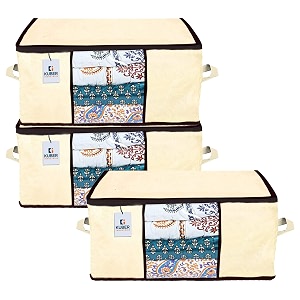 kuber industries underbed storage bagorganizer for clothes largenon-woven comforter blanket covertransparent window amp premium zipperside handlespack of 3 cream