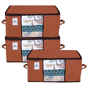 kuber industries non-woven underbed storage bagorganizer for clothes largenon-woven comforter blanket covertransparent window amp premium zipperside handlespack of 3 brown