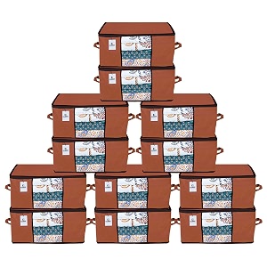 kuber industries underbed storage bagorganizer for clothes largenon-woven comforter blanket covertransparent window amp premium zipperside handlespack of 12 brown