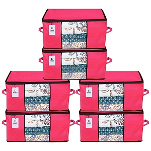 kuber industries underbed storage bagorganizer for clothes largenon-woven comforter blanket covertransparent window amp premium zipperside handlespack of 6 pink