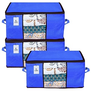 kuber industries non-woven underbed storage bagorganizer for clothes largenon-woven comforter blanket covertransparent window amp premium zipperside handlespack of 3 blue