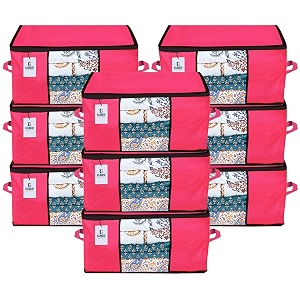 kuber industries underbed storage bagorganizer for clothes largenon-woven comforter blanket covertransparent window amp premium zipperside handlespack of 9 pink