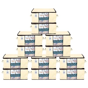 kuber industries underbed storage bagorganizer for clothes largenon-woven comforter blanket covertransparent window amp premium zipperside handlespack of 12 cream non-woven