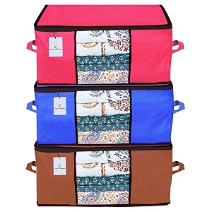 kuber industries underbed storage bag storage organiser blanket cover set of 3 - pinkroyal bluedark brown extra large size-ctktc23941