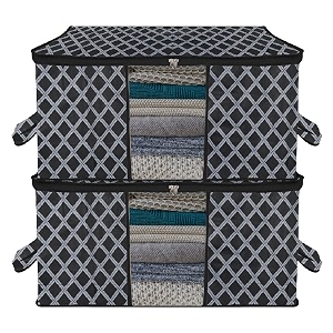 kuber industries underbed storage bag  clothes storage organizer  blanket cover with clear window  zipper closure amp handle cloth organizer  check-design  large  pack of 2  black