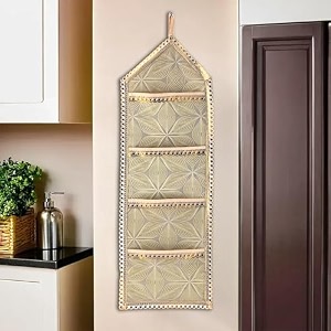 kuber industries polyvinyl chloride wall hanging closet clothing organizer for wardrobe with 3 pockets amp zip  letter holder socks amp tie storage pouches  leaf design -golden