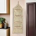 Kuber Industries Polyvinyl Chloride Wall Hanging Closet Clothing Organizer for Wardrobe with 3 Pockets & Zip | Letter Holder, Socks & Tie Storage Pouches | Leaf Design -Golden