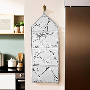 kuber industries wall hanging organizer  3 multi-purpose storage pocket  foldable document holder  hanging stationary-magazine organizer  marble-design  light grey
