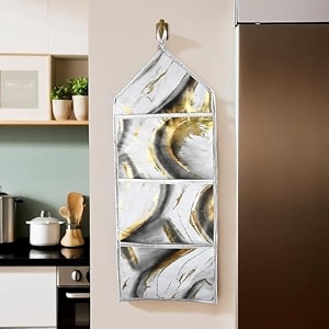 kuber industries wall hanging organizer  3 multi-purpose storage pocket  foldable document holder  hanging stationary organizer  magazine organizer  golden marble  grey