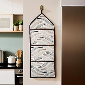 kuber industries wall hanging organizer  3 multi-purpose storage pocket  foldable document holder  hanging stationary organizer  magazine organizer  wave-design  cream