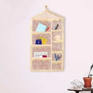 kuber industries flower printed multiuses 3 pockets wall hanging storage organizerholder for home cream amp red-50km01175cotton