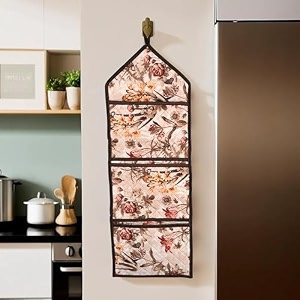kuber industries wall hanging organizer  quilted fabric stationary organizer  waterproof 3 multi-purpose pocket  magazine organizer  foldable document holder  brown flower  cream