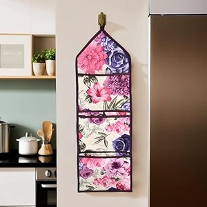 kuber industries wall hanging organizer  quilted fabric stationary organizer  waterproof 3 multi-purpose pocket  magazine organizer  foldable document holder  brown flower  cream