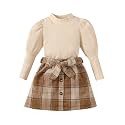 Kucnuzki Toddler Baby Girl Fall Winter Clothes Long Sleeve Ribbed Shirt Top Corduroy Mini Skirt Plaid A-line Dress Outfit