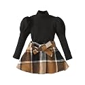 Kucnuzki Toddler Baby Girl Fall Winter Clothes Long Sleeve Ribbed Shirt Top Corduroy Mini Skirt Plaid A-line Dress Outfit