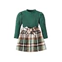 Kucnuzki Toddler Baby Girl Fall Winter Clothes Long Sleeve Ribbed Shirt Top Corduroy Mini Skirt Plaid A-line Dress Outfit