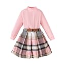 Kucnuzki Toddler Baby Girl Fall Winter Clothes Long Sleeve Ribbed Shirt Top Corduroy Mini Skirt Plaid A-line Dress Outfit