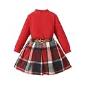 Kucnuzki Toddler Baby Girl Fall Winter Clothes Long Sleeve Ribbed Shirt Top Corduroy Mini Skirt Plaid A-line Dress Outfit