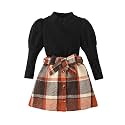 Kucnuzki Toddler Baby Girl Fall Winter Clothes Long Sleeve Ribbed Shirt Top Corduroy Mini Skirt Plaid A-line Dress Outfit