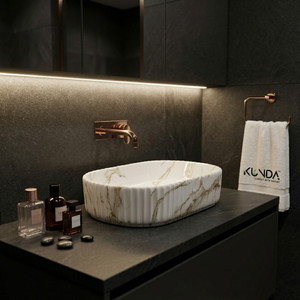 kundastudio premium ceramic marble finish matt wash basin 20125m34-matt table top basin light ivory  white design