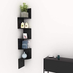 kundi corner mdf wall mount laminated zigzag shape 5 tier rack shelving unit wooden shelf 48x8x8 inches black