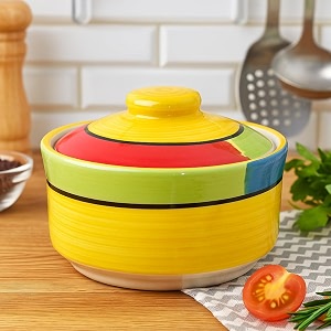multipurpose ceramic donga  yellow red  450 ml lidded serving donga  microwave amp dishwasher safe  ideal for gravy dal curry amp more