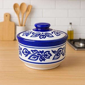 multipurpose ceramic donga 450ml blue vine with lid  microwave dishwasher safe serving dish for gravy dal curry and more